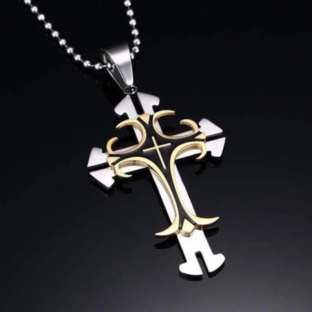 Mens Stainless Steel‎ Silver Tone Cross Pendant Necklace